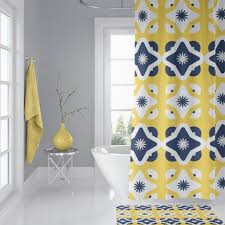 Geometric Shower Curtain And Bath Mat Blue Gold Navy And Yellow Geometric Shower Curtain Yellow Shower Curtains Gold Shower Curtain