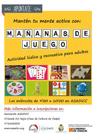 Un juego es una actividad recreativa donde intervienen uno o más participantes. Asadicc Organiza El Taller Mananas De Juego Actividad Ludica Y Recreativa Para Adultos Coordinadora Aragonesa De Voluntario