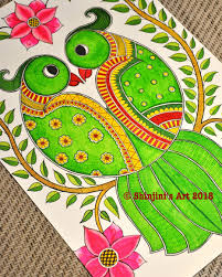 The Parrots In Love Madhubani Style Of Indian Folk Art Size A3 Black Ink And Water Colours To Order Or Indian Folk Art Indian Art Paintings Mandala Design Art