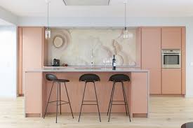 Light Colored Open Kitchen Interior With Pink Furniture And Bolefloor Oak Natural Kitchen Design Kitchen Cabinet Colors Pink Kitchen