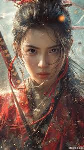 Japanese Warrior Woman: Crimson Gaze of Resolve