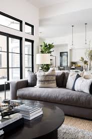 Modern Living Room With Gray Couch And Black Round Coffee Table Design Shop Interiors Family Room Design Living Room Designs Modern Living Room