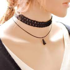 Black Lace Chain Collar Choker Necklace Gothic Vintage Artifical Gem Stone Pendant Black Lace Choker Choker Necklace Lace Choker Necklace