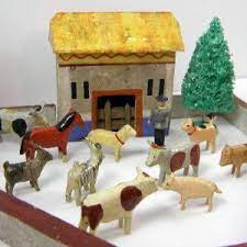 Antique German Erzgebirge Christmas Putz Barn Miniature Carved Wood Animals Fence Tree 18 Pcs Toys Wood Animal Toys Farm Toys