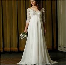 2015 Plus Size Wedding Dresses High Quality White Chiffon With Beadin A Line V Neck 3 4 Slee Empire Wedding Dress Pregnant Wedding Dress Applique Wedding Dress