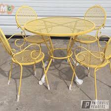 This chair, looking a little different than the normal vintage lawn chair, is one of the rarer ones we own. Metal Patio Furniture Done In Vintage Yellow Prismatic Powders