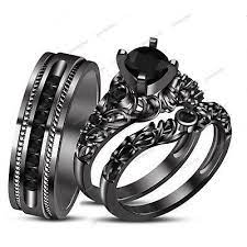 Diamond 14k Black Gold Finish Trio His Her Engagement Wedding Bridal Ring Set Black Gold Ring Black Gold Jewelry Black Wedding Rings