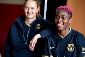 This season, the jersey is recovering its traditional vertical stripes, but is including gold as a distinctive element. Oshoala Messi Pique Model Barcelona S New Away Kit For Next Season