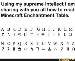 This translator translates the minecraft enchantment table language (a highly unknown language) to a much more readable english language. Using My Supreme Intellect I Am Sharing With You All How To Read Minecraft Enchantment Table Ifunny