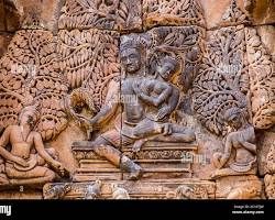 Image of Intricate basrelief carvings at Banteay Srei depicting Hindu mythology