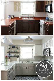 Budget Kitchen Makeover Diy Faux Marble Countertops Painted With The White Diamond Gia Budget Kitchen Makeover Kitchen Diy Makeover Kitchen Remodel Small