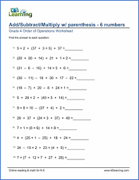 Home > math worksheets > order of operations. 4th Grade Order Of Operations Worksheets K5 Learning