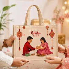Raksha Bandhan Printed Jute Tote Bag | Reusab.l.e Multipurpose Gift Bag | Eco-Friendly Shopping, Office & Travel Tote | Pink (32 x 24 x 12 cm)
