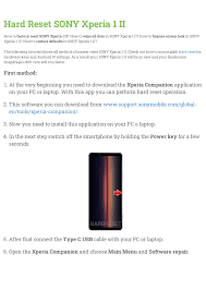 Computer requirements · download and install · backup data · restore data · set up calendar / contact synchronization · check for software updates · update device . Hard Reset Sony Xperia 1 Ii Manualzz