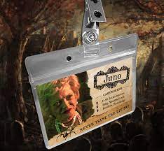Should've kept her mouth — and her throat. Beetlejuice Juno The Caseworker Name Badge Id Card