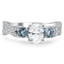 Three Stone Twisted Diamond Engagement Ring With Aquamarine Accents Twist Diamond Engagement Rings Wedding Rings For Bride Diamonds Aquamarine Engagement Ring