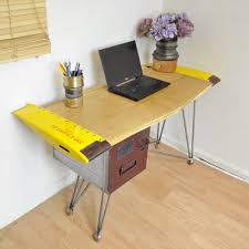 Yellow Blade Tip Desk With Storage Made From Sa330 Puma Helicopter Rotor Blade Tip Cap The Tip Cap Has Been Cleaned And Slotted Onto A Beautifully Made Oak Des