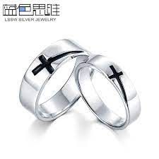 Blue Sweet Couple Rings Black Cross Wedding Bands Set Sterling Silver Cross Rings For Men And Women Engraved Silver Ring Sterling Silver Rings Rings For Men