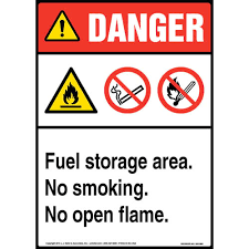 The goods are usually placed. Danger Fuel Storage Area No Smoking No Open Flame Sign With Icons Ansi