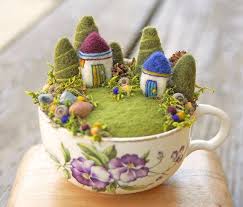 Tiny Houses And Gardens Fairy Garden In A Cup Needle Felted Felt Fairy Felt Crafts Crafts