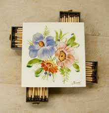 4 Part Matchbox Holder Italian Tiles Hand Painted Floral Design Match Boxes Signed By Artist Made In Italy 1960 39 S Floral Painting Italian Tiles Painting