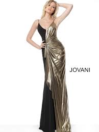 Jovani 1700 Black Gold Ruched Spaghetti Straps Evening Dress