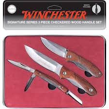 When you have a piece of that set, it will be marked with an active icon on the row below the set name. Winchester Signature Series 3 Pc Checkered Wood Hadle Knife Set Property Room