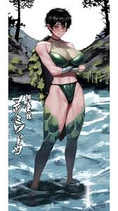 bluecup, monster hunter (series), monster hunter rise, absurdres, highres,  1girl, black hair, breasts, crossed arms, groin, hair between eyes, large  breasts, looking at viewer, monster girl, navel, personification, pointy  ears, shell, short