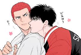 rukawa kaede, sakuragi hanamichi, slam dunk (series), highres, 2boys, black  hair, buzz cut, closed mouth, gorii, jacket, looking at another, male  focus, multiple boys, red hair, shirt, short hair, simple background, towel,
