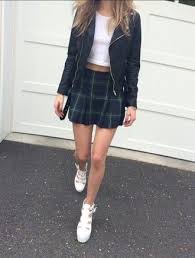 Black And White Plaid Skirt Outfit Ideas Plaid Skirt Tartan Skirt Black Leather Jacket Cropped T Shirt School Girl Tennis Skirt Mini Skirt Fall Outfits White Shoes Skir Fashion Fashion Outfits Clothes