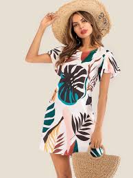 Leaf Print Butterfly Sleeve Dress Shein Butterfly Sleeve Dress Butterfly Sleeves Short Sleeve Dresses