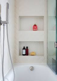 Shower With Herringbone Subway Tiles And Small Hexagon Tiled Shelves Small Bathroom With Shower Bathroom Design Bathrooms Remodel