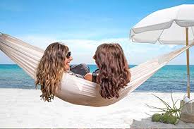 Cocoon hammock in the beach in focus at front. Cool Happy Things Brazilian Double Hammock Outdoor Indoor Cotton Fabric Cocoon Bed With Handmade Rope Tree Straps Portable Bag Perfect For Porch Patio Bedroom Backyard Garden Playa Blanca Beachfront Decor