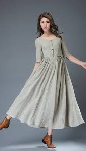 Casual Linen Dress Pale Gray Everyday Comfortable Fit Flare Long Maxi Dress With Half Sleeves And Bu Long Linen Dress Linen Dress Women Maxi Dresses Casual