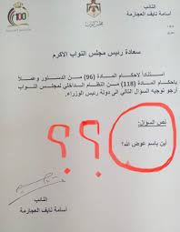 وقال المجلس بحسب البيان ، إن النائب أسامة العجارمة لم يتجاوز الدستور في كلمته بمجلس النواب و أن قرار تجميد عضويته شكل احتقانا في الشارع. Ø§Ù„Ù†Ø§Ø¦Ø¨ Ø§Ù„Ø¹Ø¬Ø§Ø±Ù…Ø© ÙŠÙˆØ¬Ù‡ Ø³Ø¤Ø§Ù„Ø§ Ù„Ù„Ø®ØµØ§ÙˆÙ†Ø© Ø­ÙˆÙ„ Ø¨Ø§Ø³Ù… Ø¹ÙˆØ¶ Ø§Ù„Ù„Ù‡