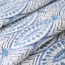 This Block Print Fabric Has A Global Feel The Colours Are Chambray Blue Ocean And Navy Blue On A Na Blue And White Curtains Blue And White Fabric Blue Fabric