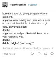 The simple, easy to follow story makes this show even more appealing as well. Kuroo So How Did You Guys Get Into A Car Accident Suga We Were Driving And There Was A Deer On The Road That Daichi Didn T Notice So I Said Sawamura Deer