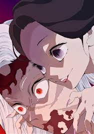 10 (user uzrp7275), kibutsuji muzan, tamayo (kimetsu no yaiba), kimetsu no  yaiba, absurdres, commentary request, highres, 1boy, 1girl, black hair,  blood, blood on face, fangs, fingernails, lipstick, makeup, official style,  purple eyes,