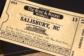 An Invitation Designed To Resemble An Old Fashioned Train Ticket With The Wedding Dat Ticket Wedding Invitations Themed Wedding Invitations Wedding Invitations