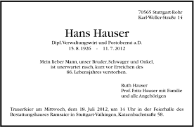 Richtige adressen und telefonnummern finden! Traueranzeigen Von Hans Hauser Stuttgart Gedenkt De