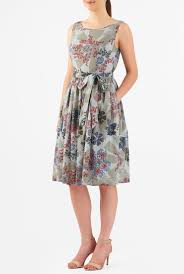Graphic Print Cotton Sash Tie Dress Ladylike Dress Graphic Print Dress Pleated Skirt Dress