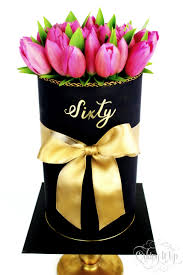Classy Birthday Flowers For Her Triple Barrel Fondant 60th Birthday Flower Box Cake With Beautiful Bright Pink Tulip 60th Birthday Cake For Ladies Birthday Cakes For Women 60th Birthday Cakes