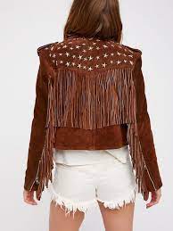 Women Brown Rock Punk Style Studded Fringe Jacket Biker Suede Jacket Fringe Jacket Fringe Leather Jacket Fringe Jacket Outfit