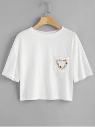 1 piece clothing length : Floral Embroidered T Shirt With Pocket White S Embroidered Tshirt Embroidered Clothes Floral Tee Shirts