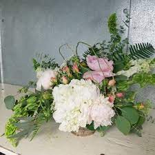 A Birch Pot With White Hydrangea Pink Peonies Bells Or Ireland Pink Spray Roses And Curly Willow Stillingsan Flower Delivery Flowers Order Flowers Online