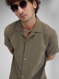 Olive Textured Oversized Resort Collar Shirt