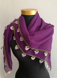 Clearance Purple Turkish Scarf Cotton Oya Scarf With Crochet Etsy Boncuk Tig Tig Isleri Boncuk