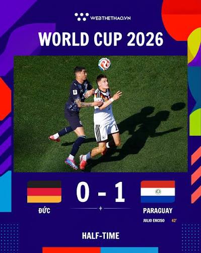 Đức vs Paraguay hiệp 1. Bàn thắng vòng knock-out đầu tiên trong lịch sử bóng đá Paraguay giúp họ giữ lợi thế 1-0 trước đội tuyển Đức sau 45 phút đầu tiên.