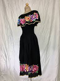 Off The Shoulder Black Flounce Mexican Tehuana Inspired Maxi Dress Mexican Dresses Mexican Fashion Dresses