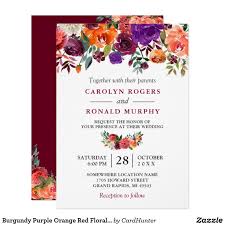 Burgundy Purple Orange Red Floral Wedding Invitation Watercolor Burgundy Pur Purple Wedding Invitations Vineyard Wedding Invitations Floral Wedding Invitations